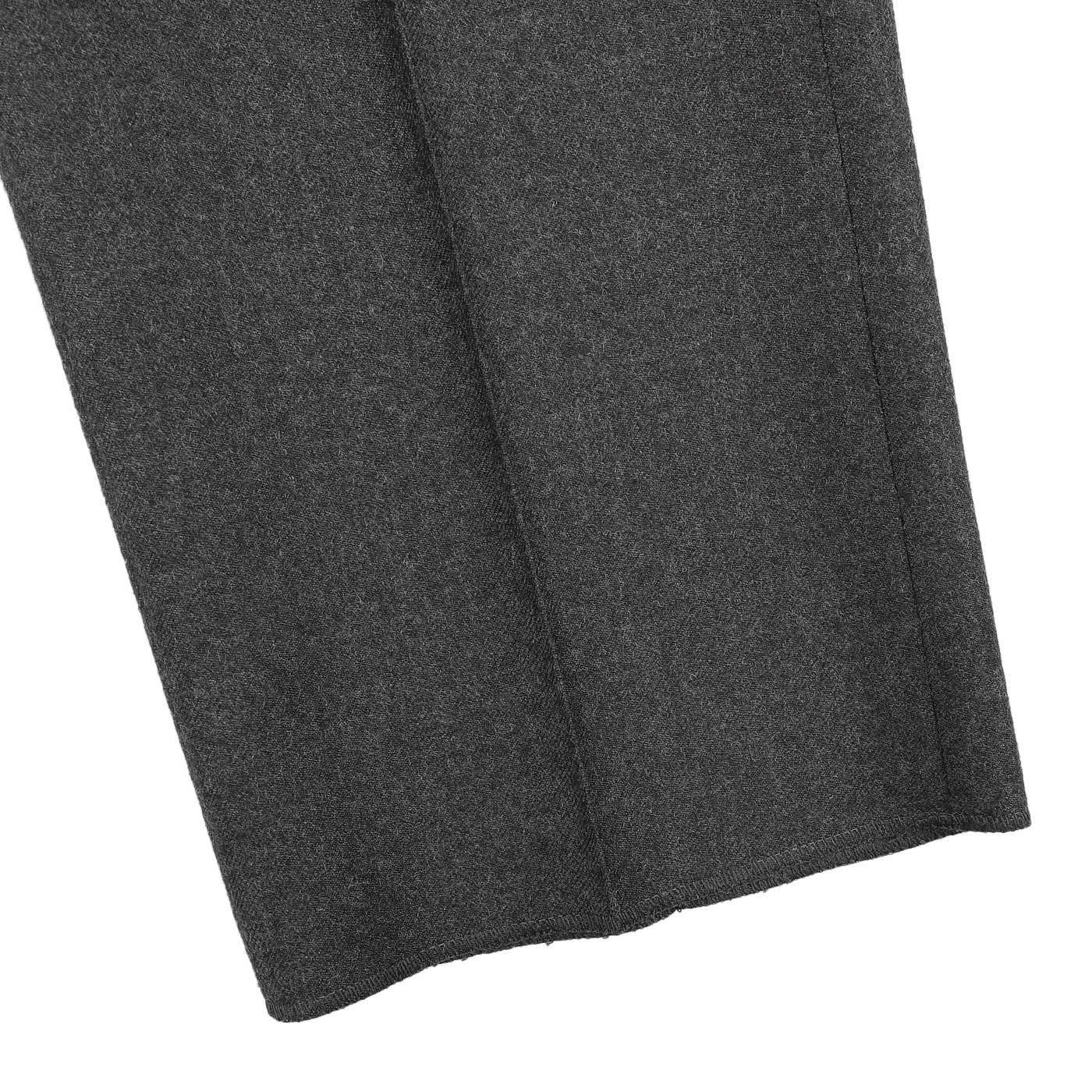 Close-up view of the Charcoal Grey Wool Flannel Slim Trousers by Incotex, highlighting the vertical seam and pure wool flannel fabric.