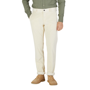 A man in a green shirt and Incotex Cream Beige Cotton Corduroy Slacks Chinos.