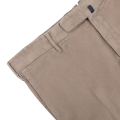 Close-up of the Dark Beige Cotton Moleskin Model 30 Chinos by Incotex, featuring a slim fit with belt loops and a button on the waistband, perfect for achieving a casual look.