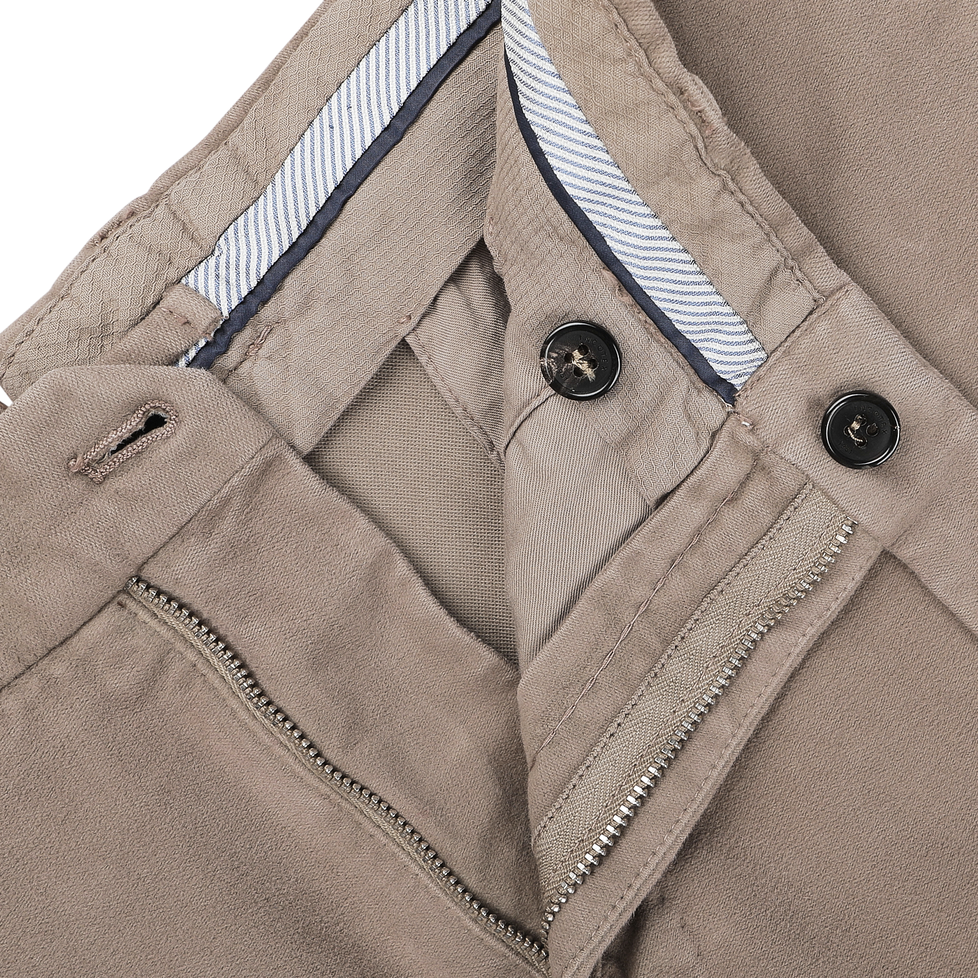 Close-up of Incotex's Dark Beige Cotton Moleskin Model 30 Chinos, showcasing the waistband, zipper, and button details, perfect for achieving a slim fit.