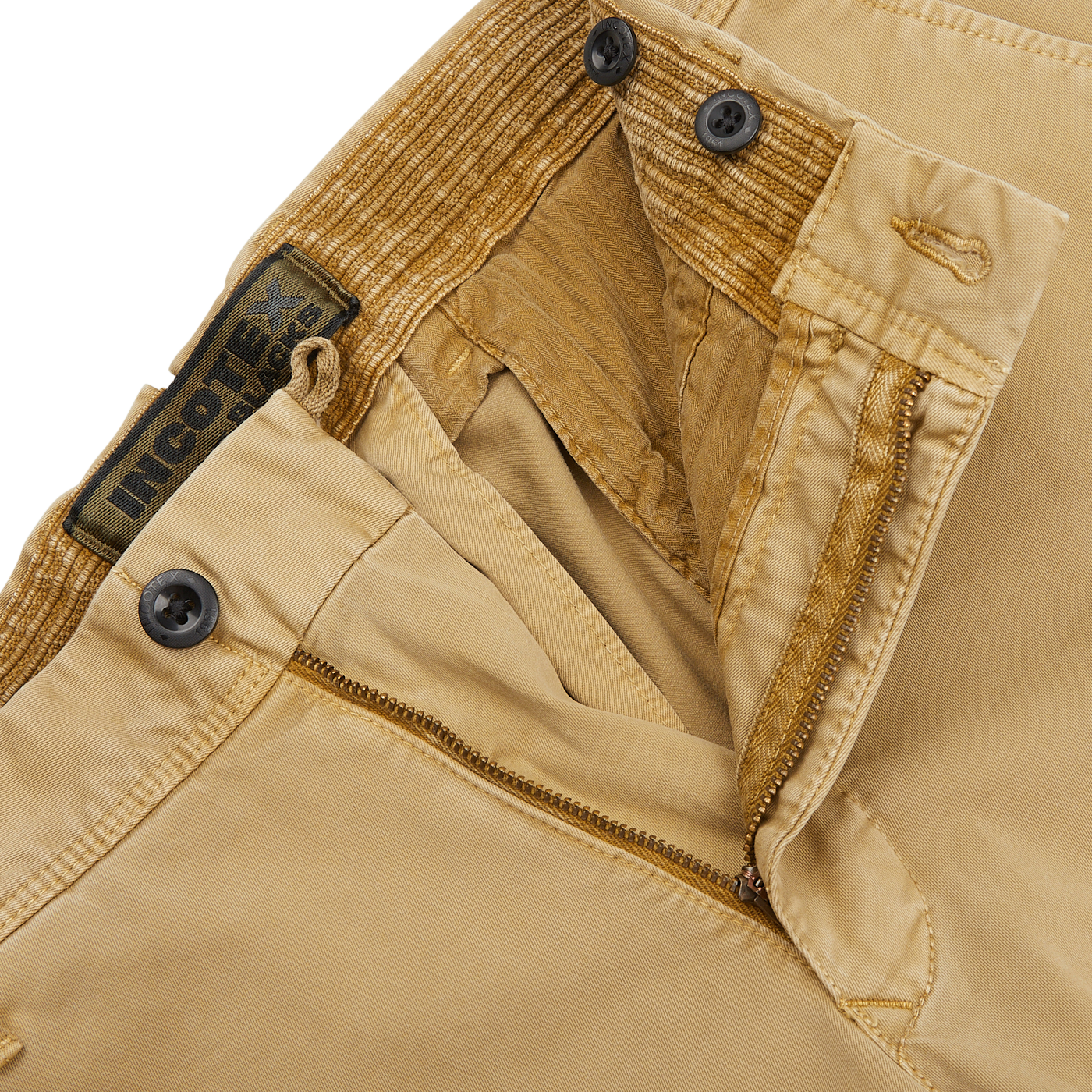 Close-up image of Dark Beige Cotton Stretch Slacks Chinos featuring a partially unbuttoned waist and open fly zipper. The label inside reads "Incotex.