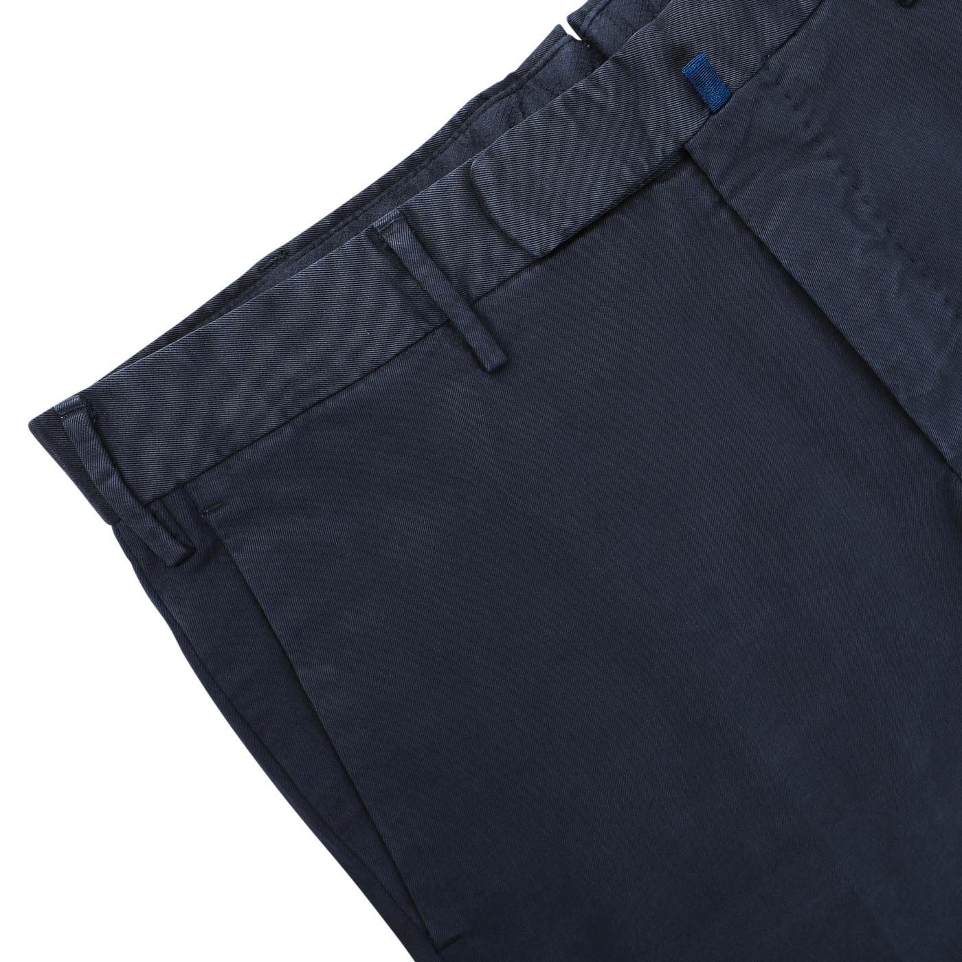 The Incotex Dark Blue Cotton Stretch Model 30 Chinos, featuring belt loops and front pleats, provide a stylish yet comfortable slim fit look against a white background, making them perfect for any occasion.