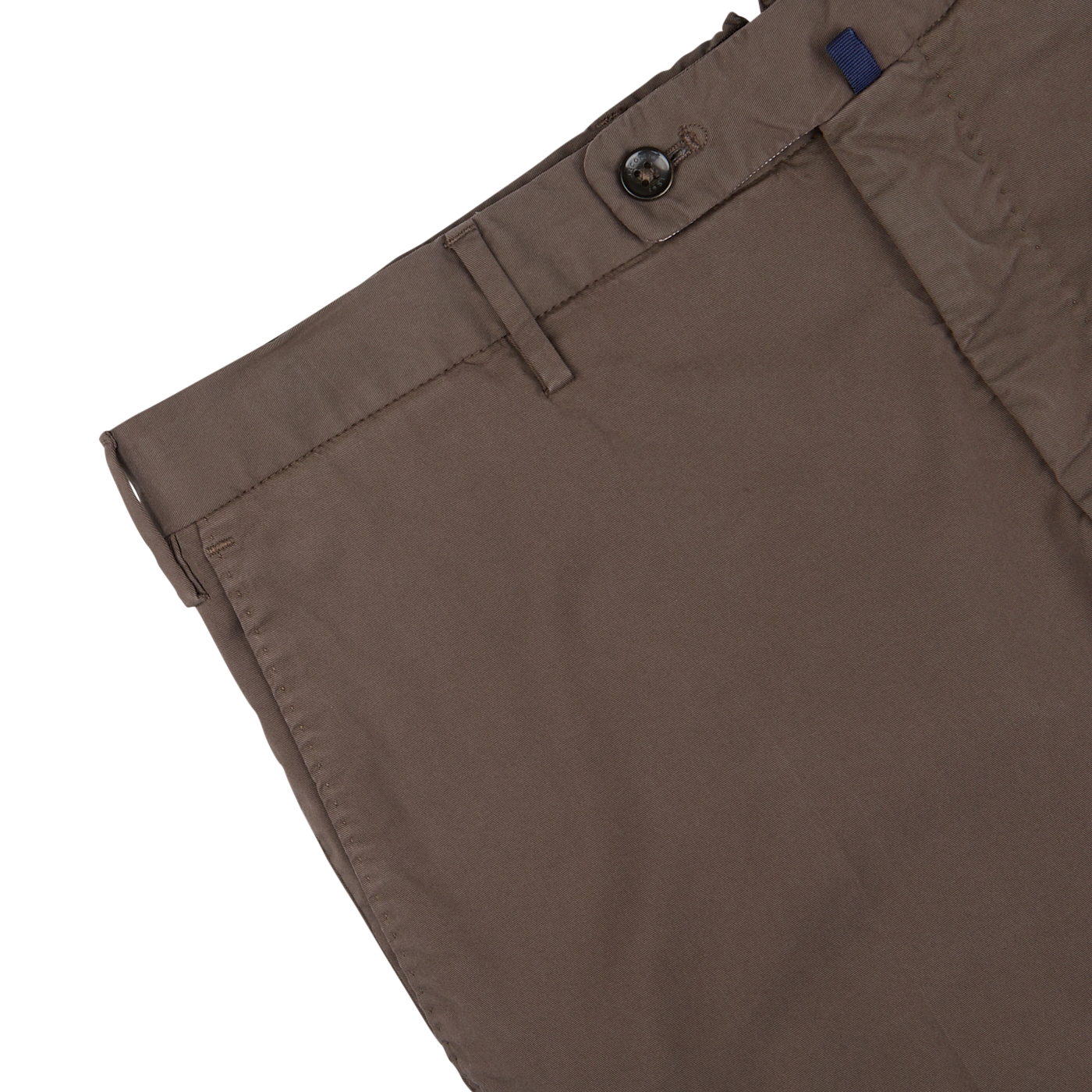 Close-up of Incotex dark brown cotton stretch regular chinos with a button closure on a white background.