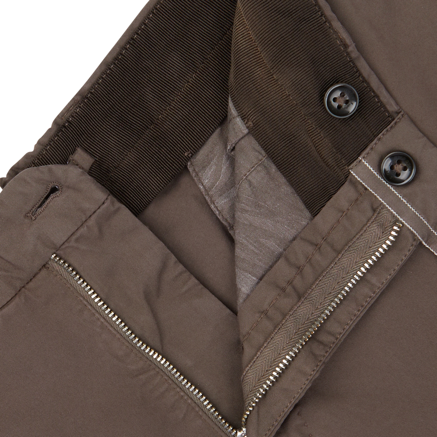 Close-up of a dark brown Incotex Dark Brown Cotton Stretch Regular Chinos detailing with zipper and buttons.