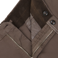 Close-up of a dark brown Incotex Dark Brown Cotton Stretch Regular Chinos detailing with zipper and buttons.