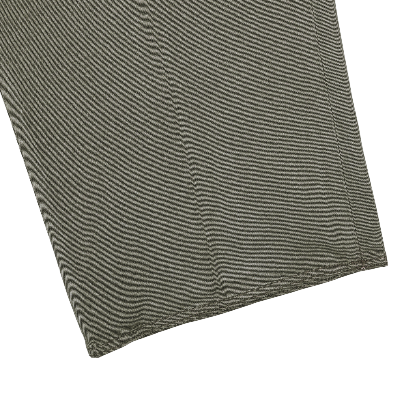 Close-up of the hem of a dark green cotton stretch pant leg by Incotex, displayed on a light gray background, highlighting the texture characteristic of Model 8 chinos.