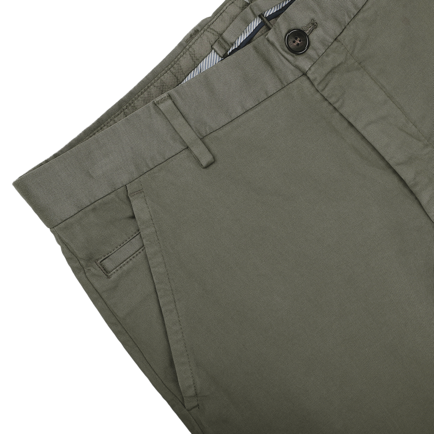 Introducing the Dark Green Cotton Stretch Model 8 Chinos by Incotex: crafted from cotton twill, these chinos offer a regular fit and include a button and zipper fly, with detailed pockets and belt loops set against a neutral background.