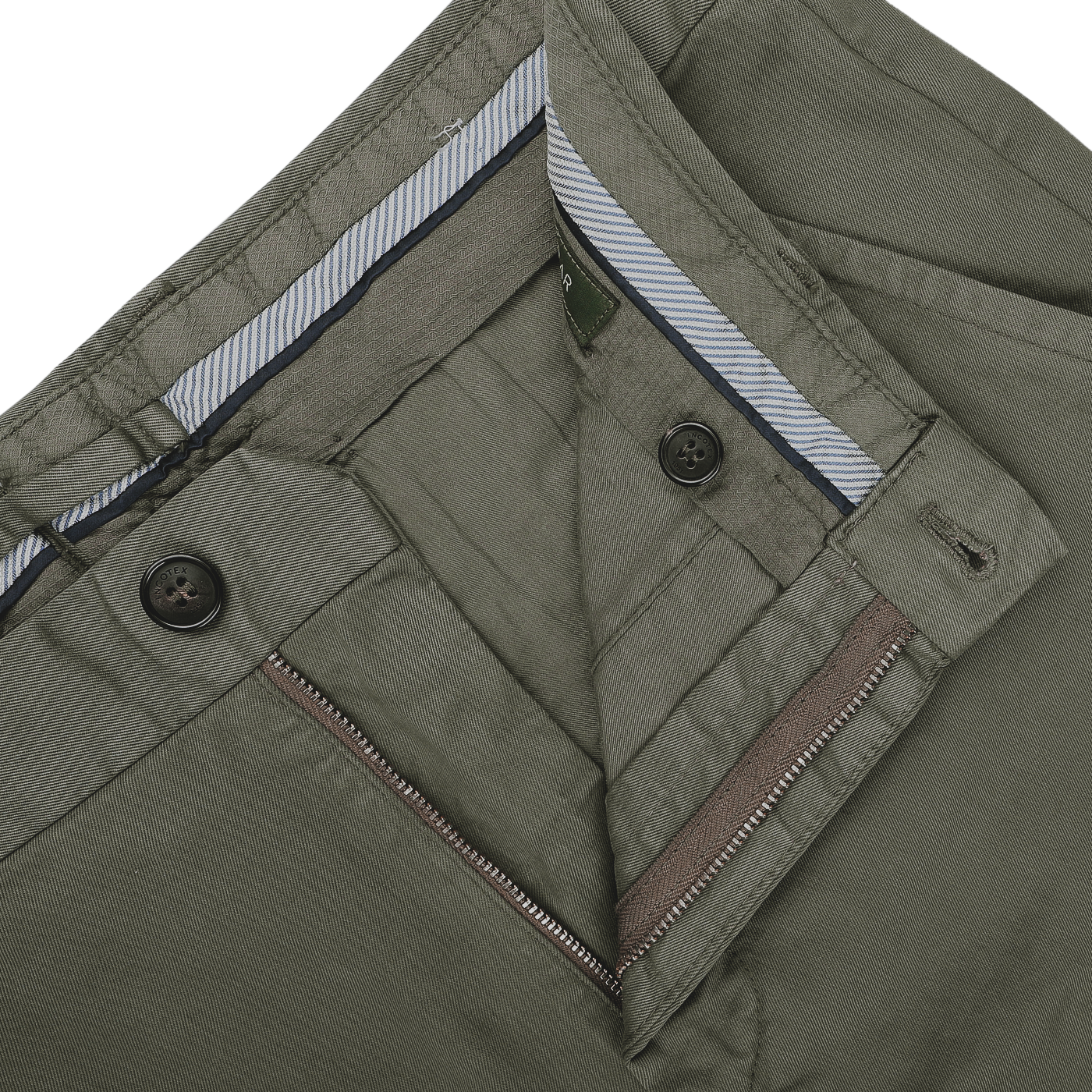 Close-up of Incotex's Dark Green Cotton Stretch Model 8 Chinos, featuring a partially open zipper and visible waistband lining, highlighting the enduring style of these cotton twill trousers.