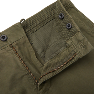 A close up of a pair of Incotex Dark Green Cotton Stretch Slacks Chinos.