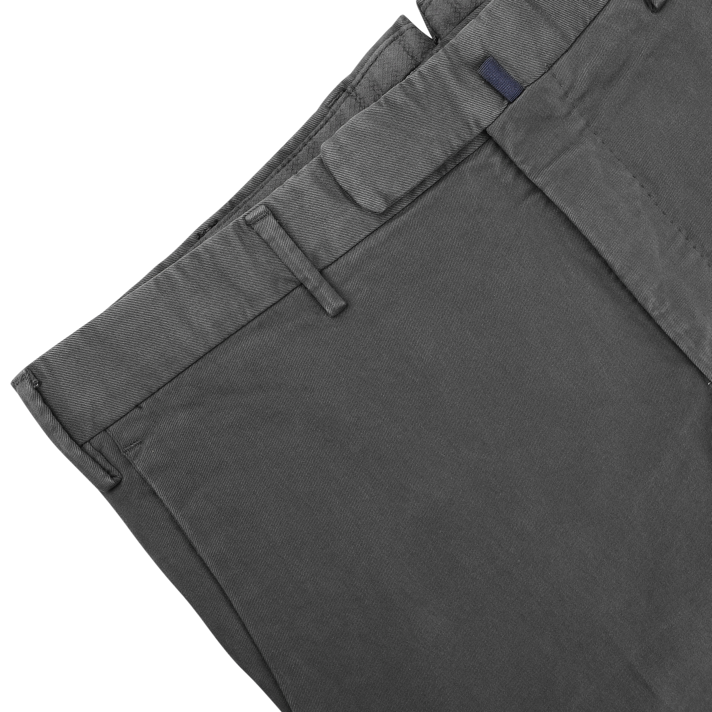 Dark Grey Cotton Stretch Model 30 Chinos by Incotex, featuring belt loops and crafted from cotton twill, lying on a white background.