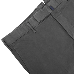 Dark Grey Cotton Stretch Model 30 Chinos by Incotex, featuring belt loops and crafted from cotton twill, lying on a white background.