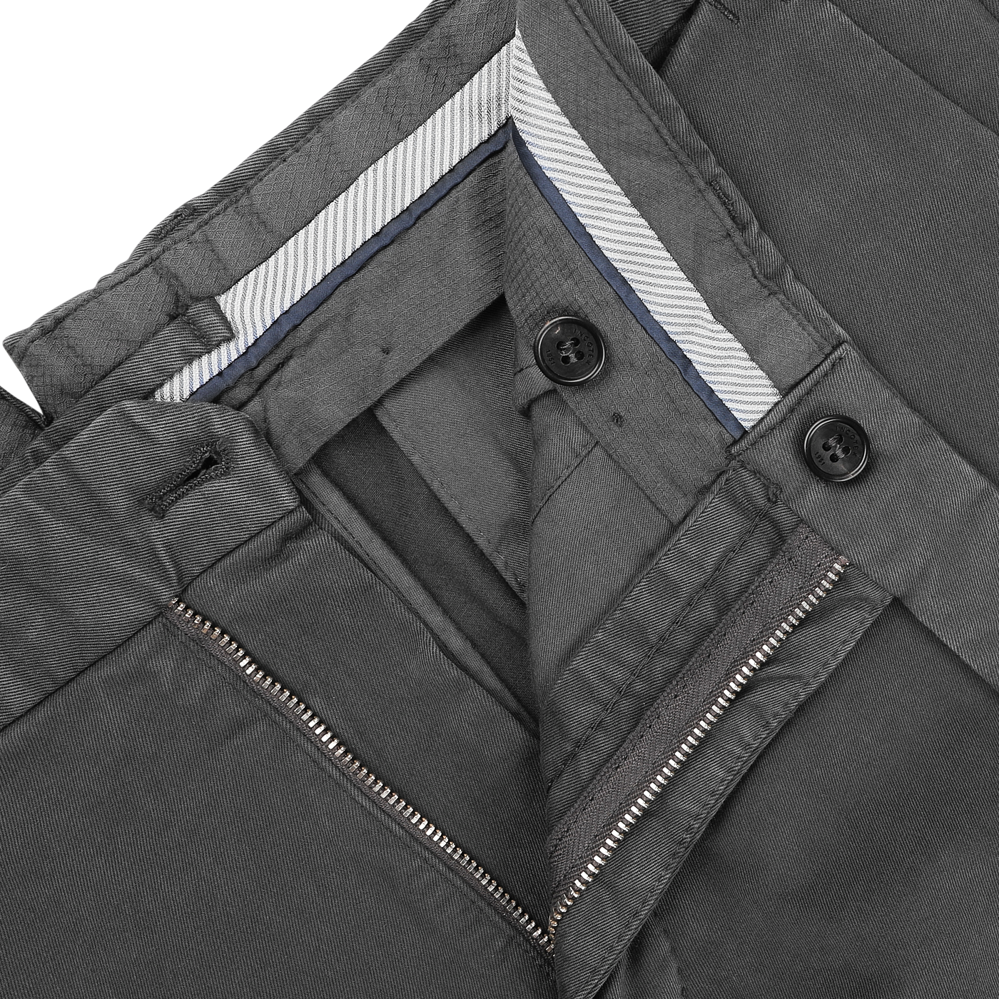 Close-up of open Incotex Dark Grey Cotton Stretch Model 30 Chinos, showcasing the buttons and zipper on the waistband, revealing the inner fabric and stitching details of these slim fit cotton twill trousers.