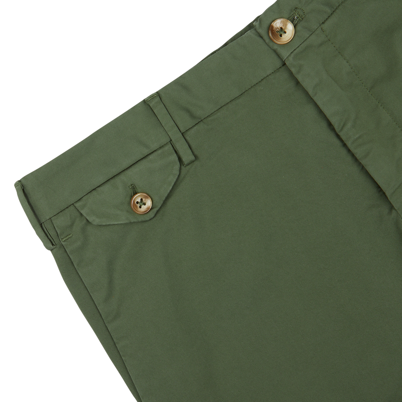 Close-up of Grass Green Cotton Royal Batavia shorts by Incotex with a buttoned pocket detail.