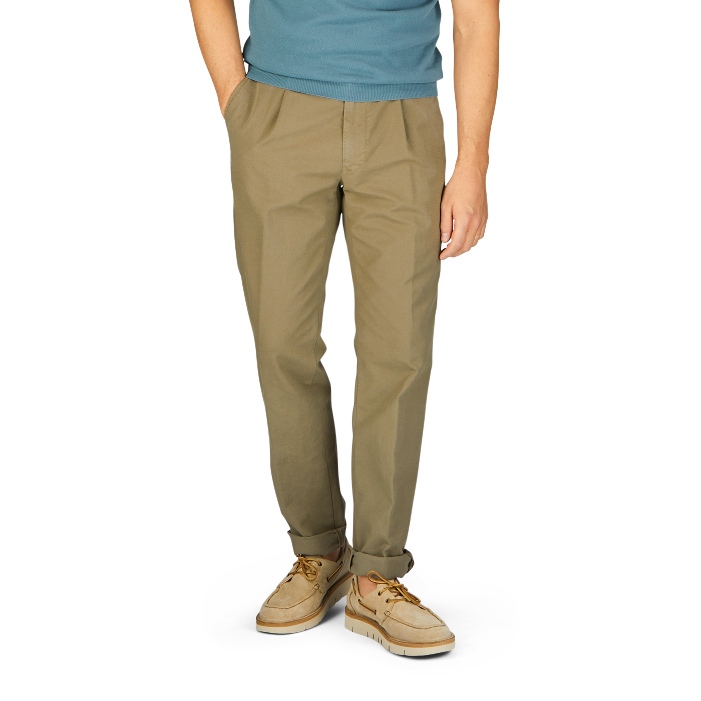 Man wearing Grass Green Cotton Stretch Pleated Chinos from Incotex and beige shoes.