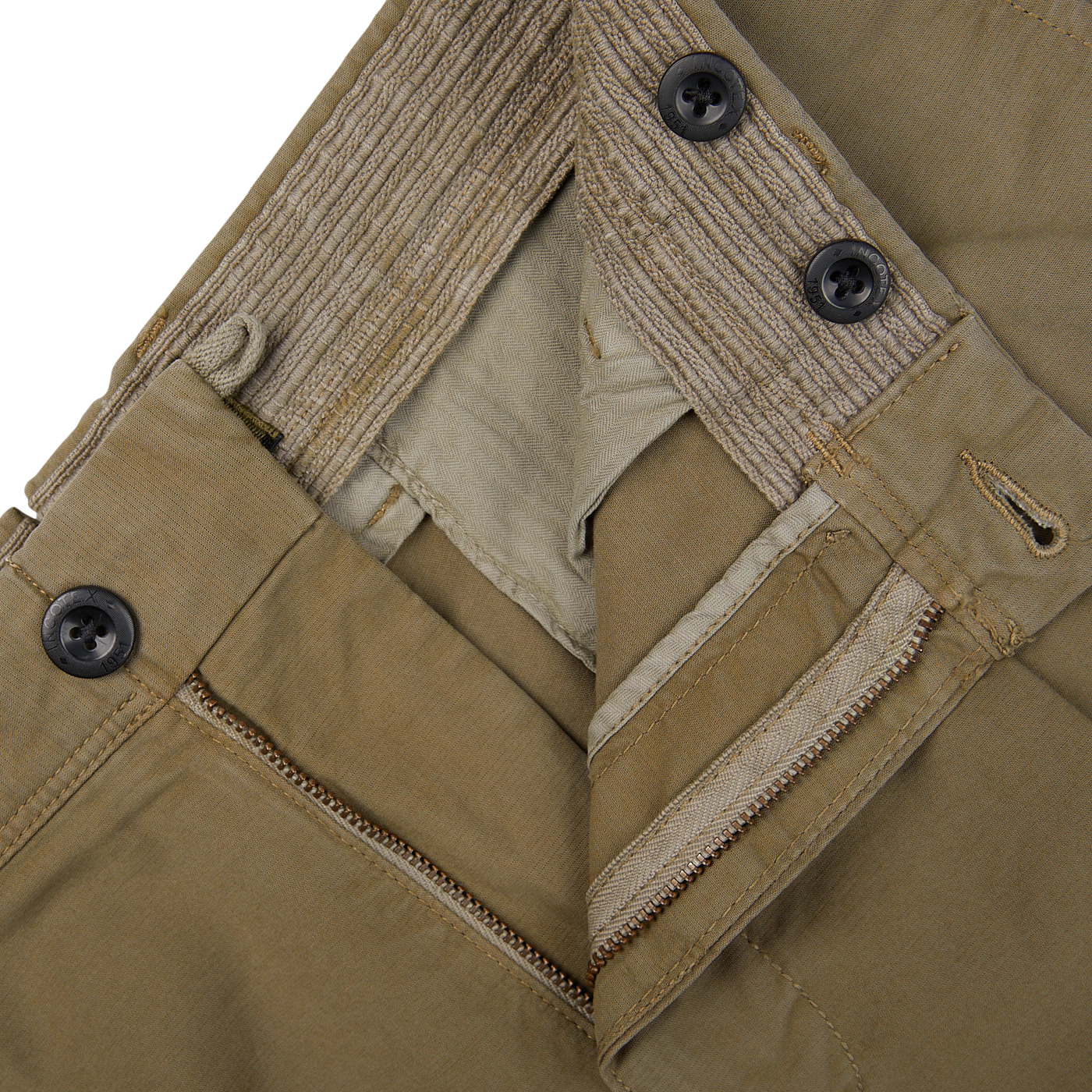 Close-up of a beige Incotex Grass Green Cotton Stretch Pleated Chinos pant with a zipper, button closure, and detailed stitching.