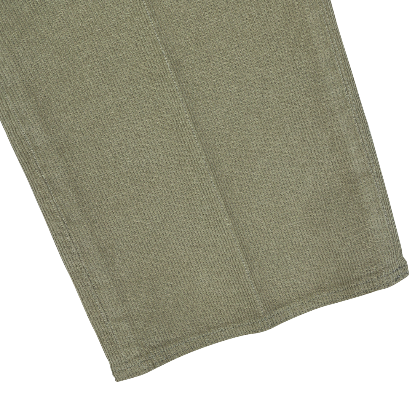 Close-up view of the hem of a pair of Green Cotton Corduroy High Comfort Chinos by Incotex, showcasing the vertical lines typical of the light brown, slim fit corduroy fabric.