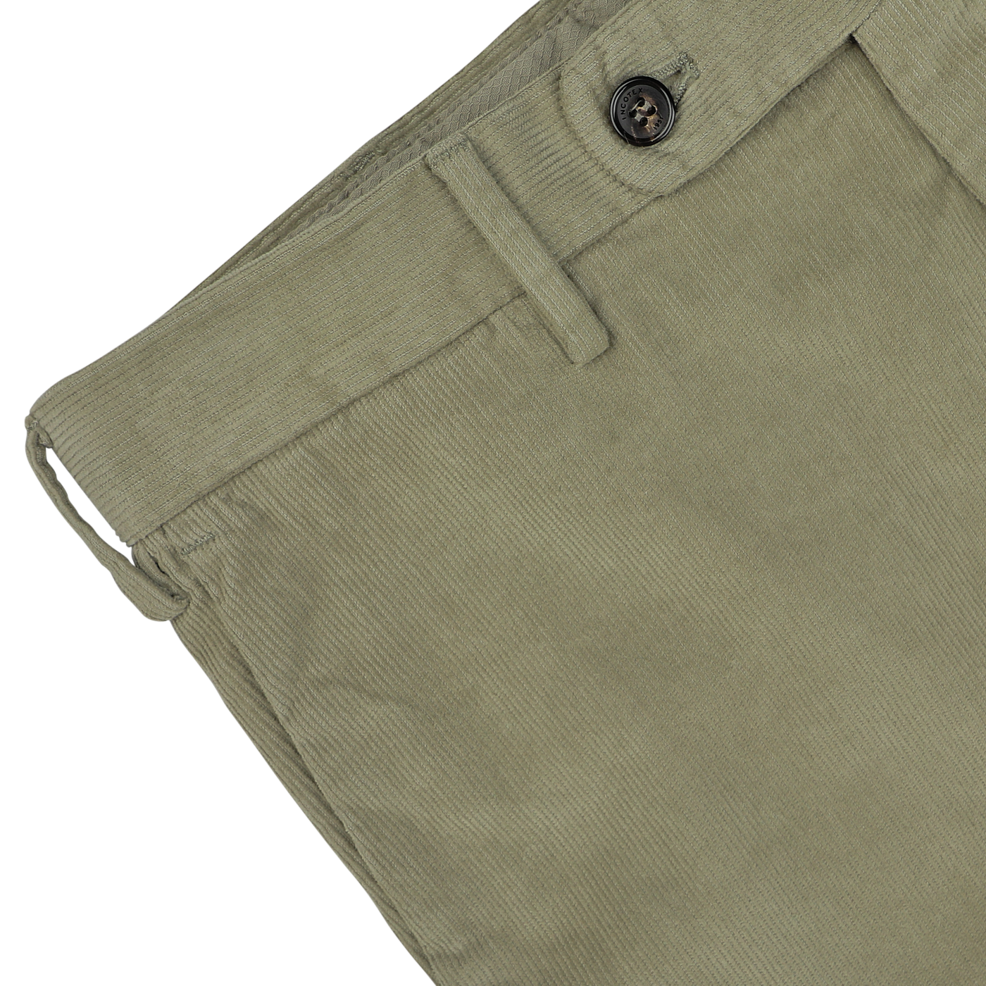 Close-up of Incotex's Green Cotton Corduroy High Comfort Chinos featuring a waistband with belt loops, a button, and a zipper fly, designed in a slim fit for added style.