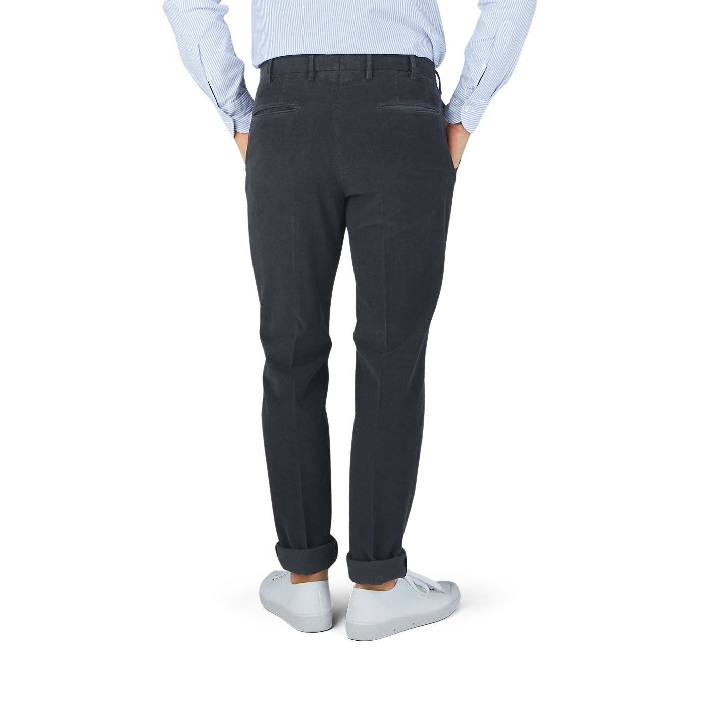 A man wearing Incotex Grey Micro Cotton Corduroy High Comfort Chinos.