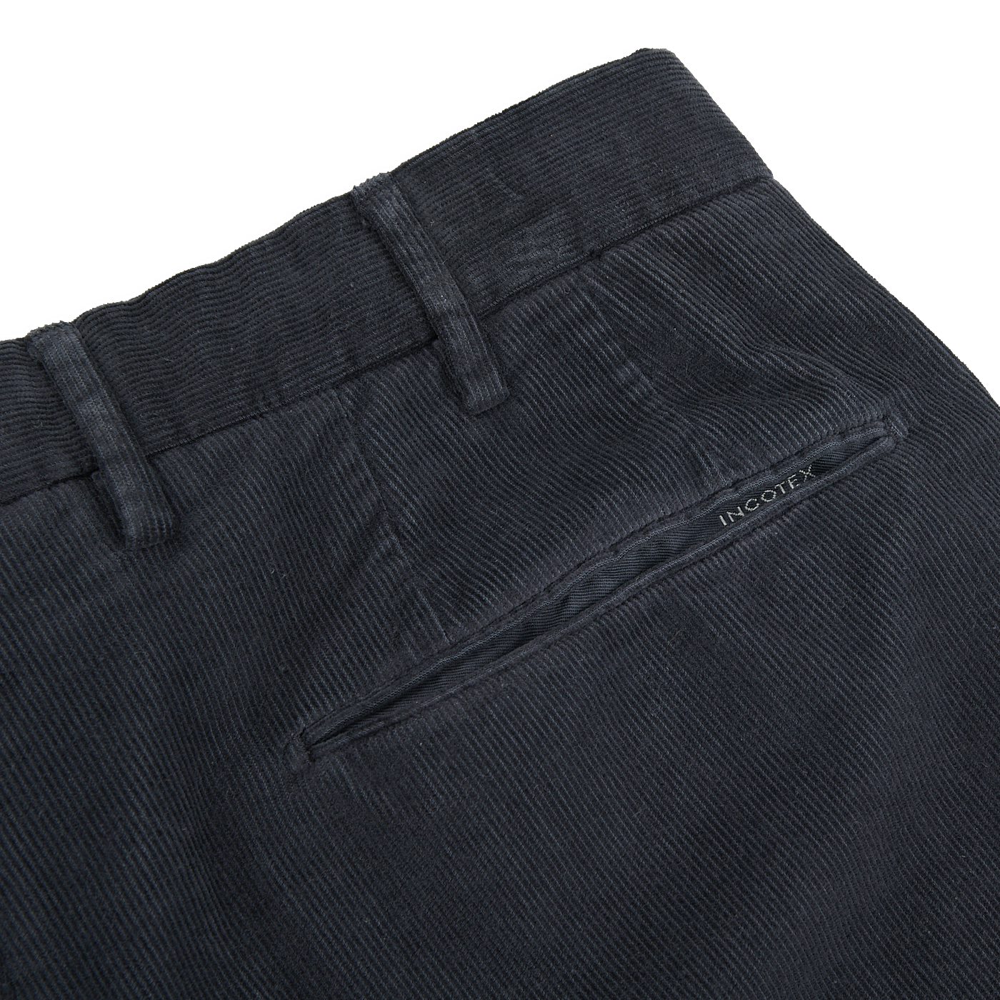 The back pocket of a Grey Micro Cotton Corduroy High Comfort Chinos by Incotex.