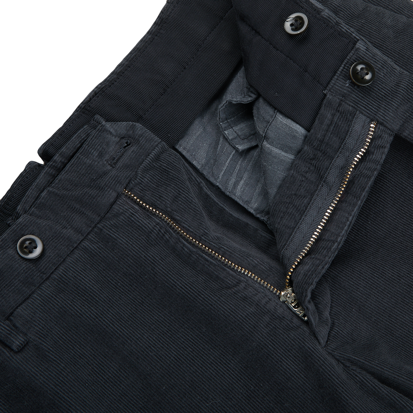 A close up of a pair of Incotex Grey Micro Cotton Corduroy High Comfort Chinos with stretch.