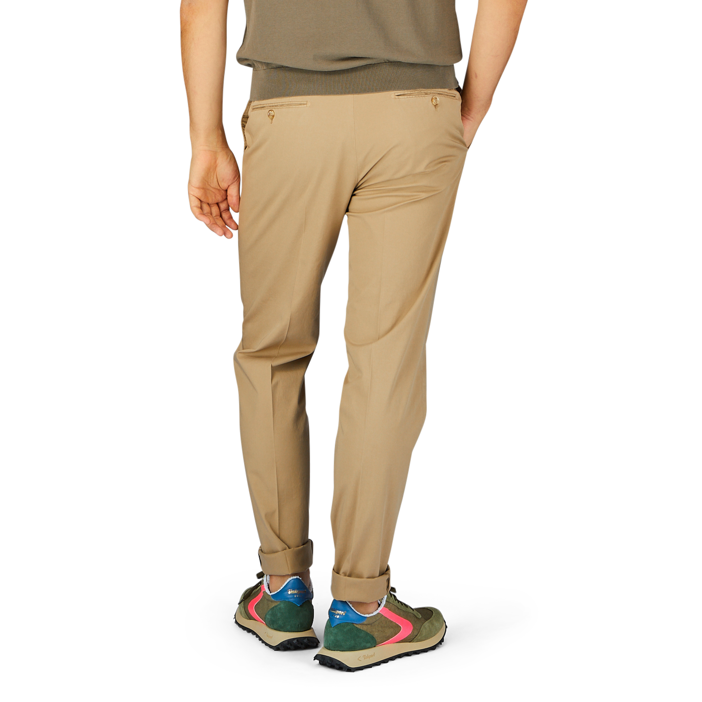 Person standing in Khaki Beige Cotton Stretch Regular Chinos and colorful Royal Batavia sneakers by Incotex.