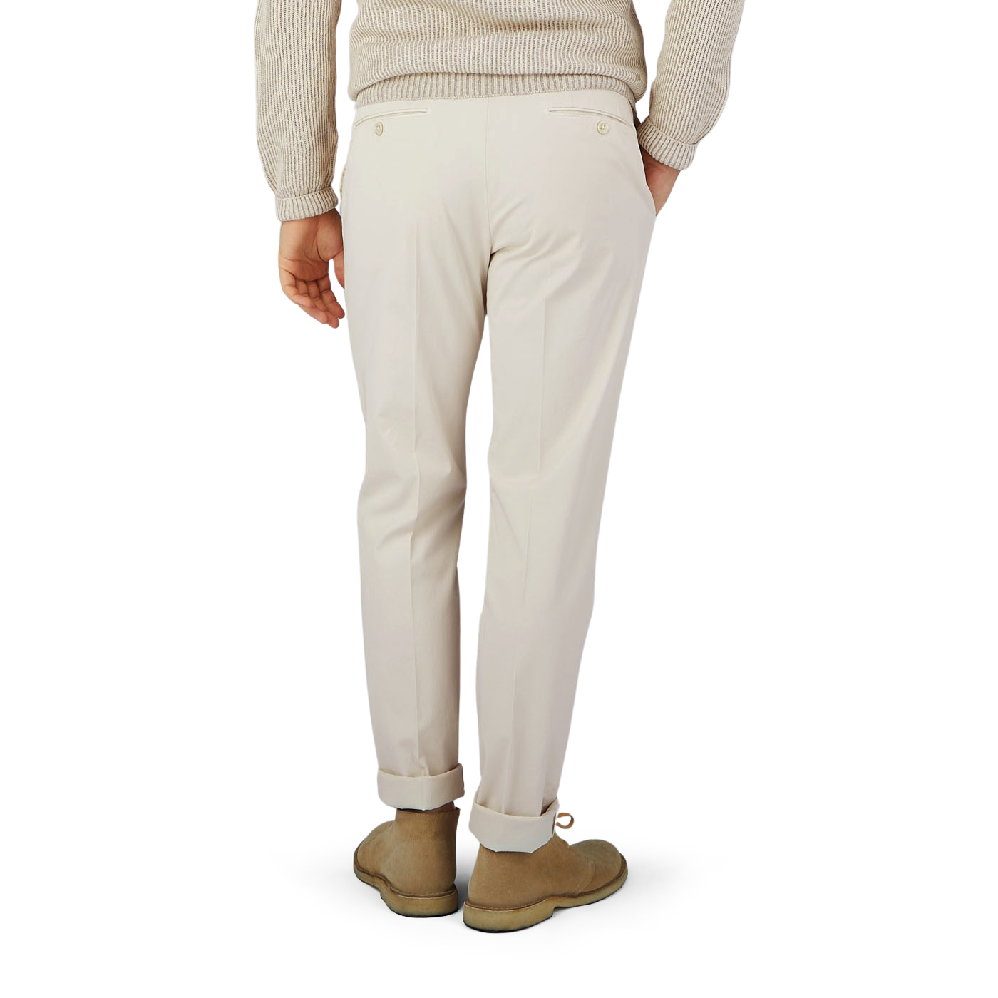 The man is wearing Light Beige Cotton Stretch Regular Chinos by Incotex, creating a stylish look from the back.