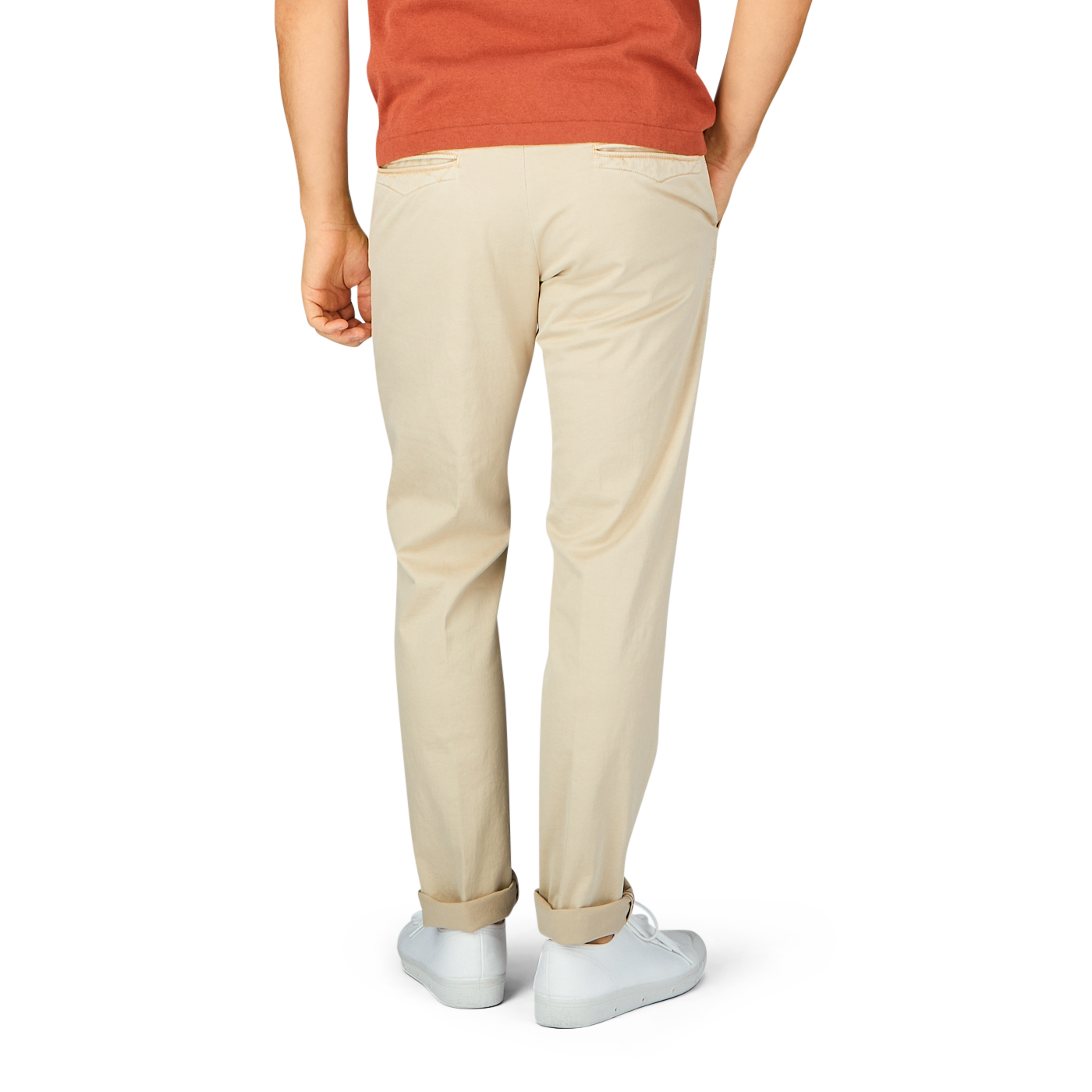 The back view of a man wearing Incotex Light Beige Cotton Stretch Slacks Chinos.
