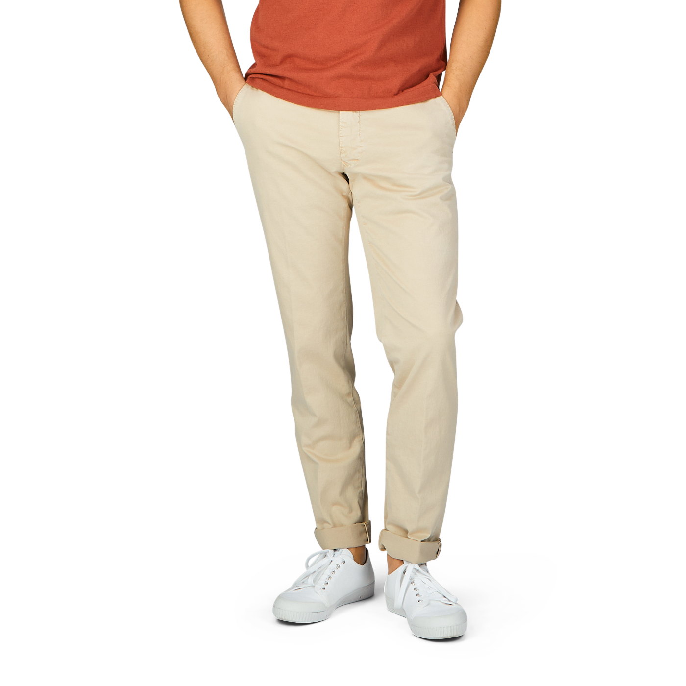 A man wearing a t-shirt and Incotex Light Beige Cotton Stretch Slacks Chinos.