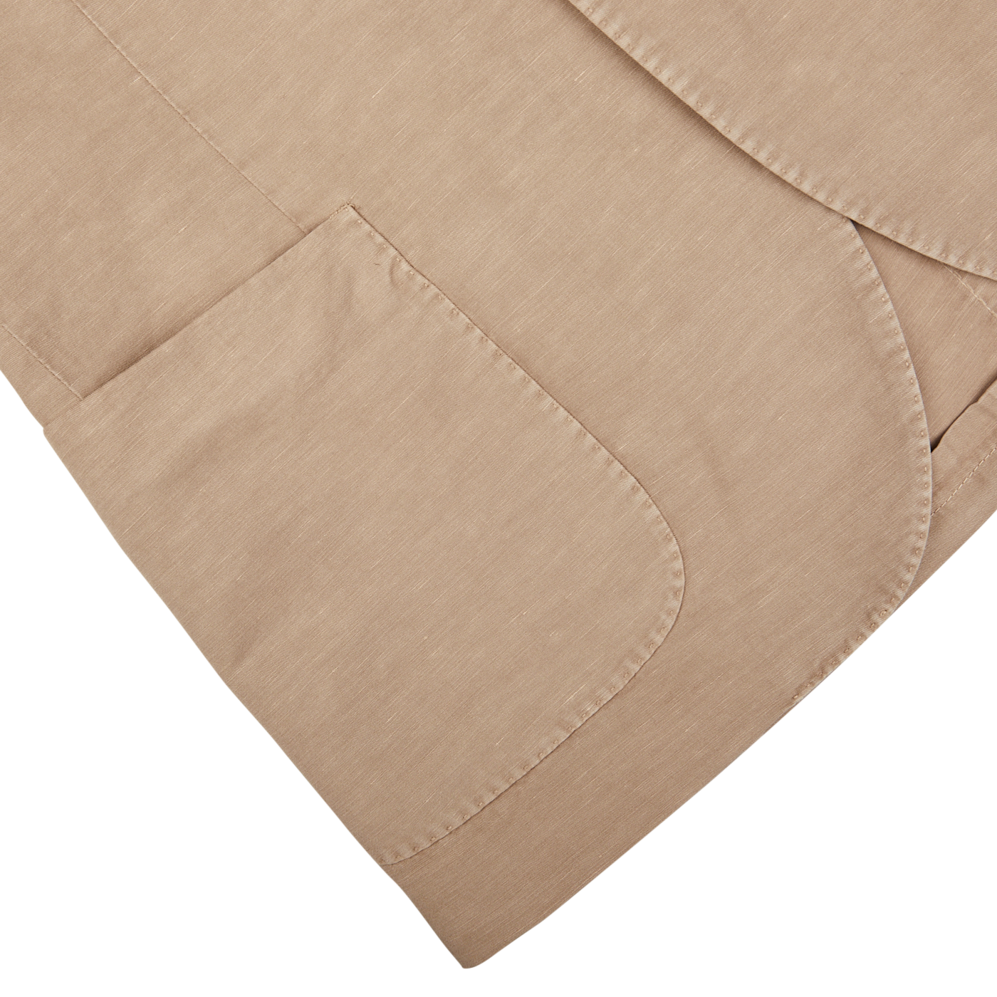Beige linen-cotton fabric with a pocket detail showing stitching and design, reminiscent of the Light Beige Washed Chinolino Suit by Slowear.