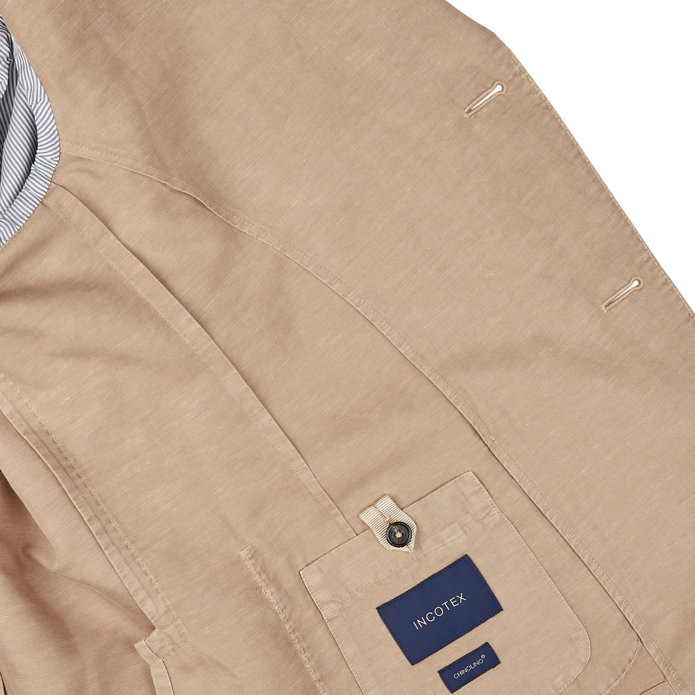 Men's Slowear light beige washed chinolino suit with a striped lining and a brand label on display.