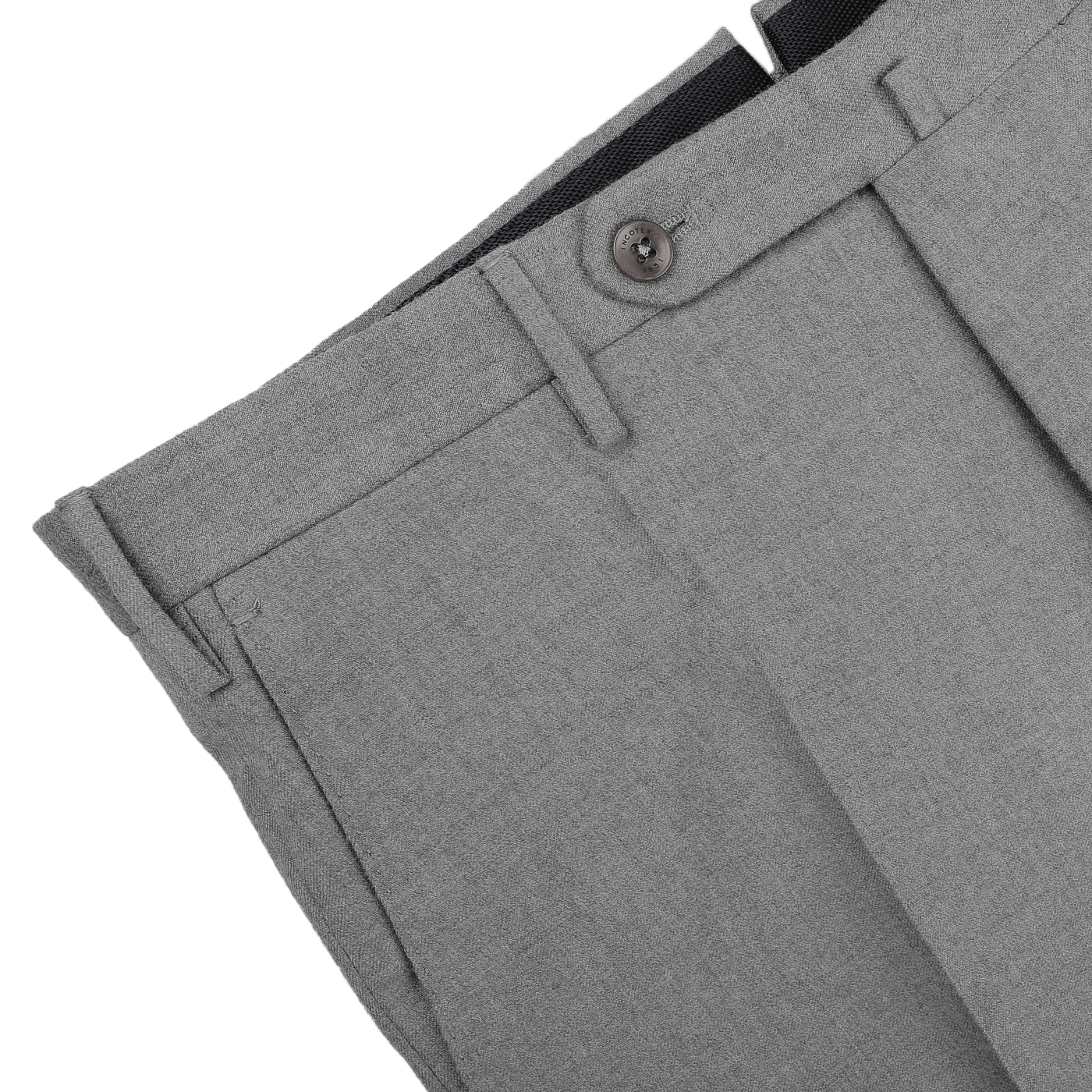 The Light Grey Wool Flannel Slim Trousers by Incotex are displayed on a white surface, highlighting their slim fit design with a single button and belt loops.