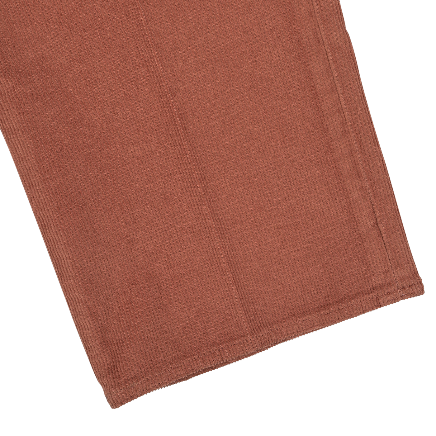 Close-up view of the hem and leg of a pair of Muted Orange Cotton Corduroy High Comfort Chinos by Incotex.