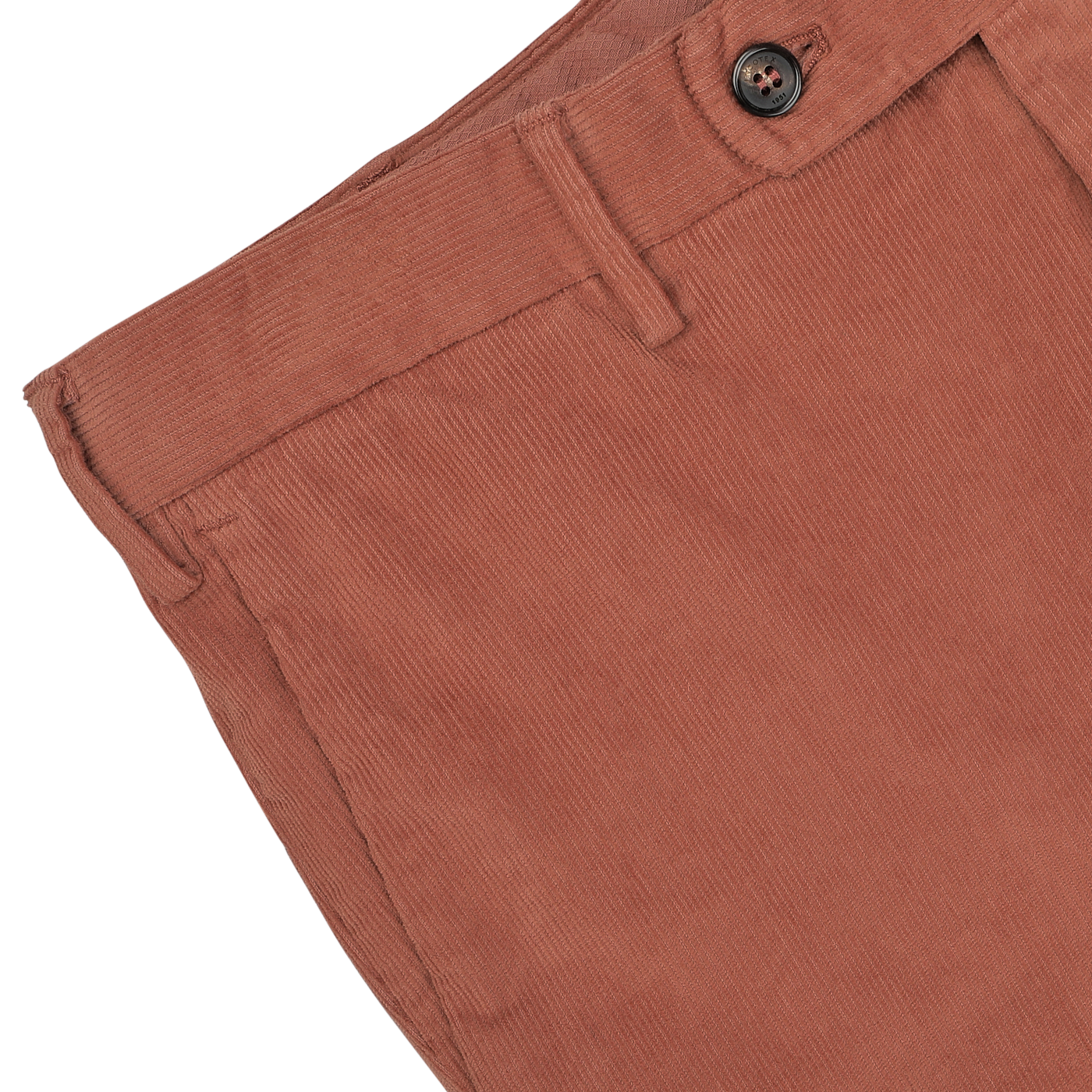 Close-up of a pair of Muted Orange Cotton Corduroy High Comfort Chinos by Incotex, showing the waistband, button, belt loops, and pocket detail.