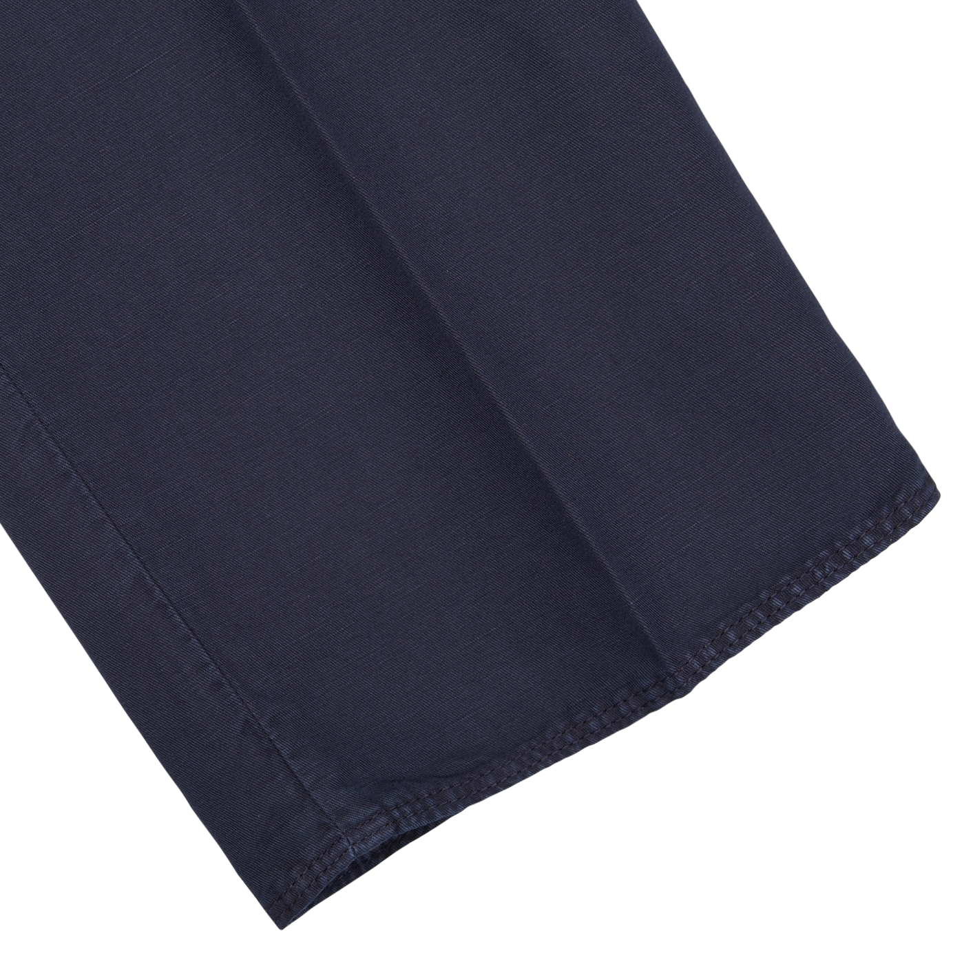 Close-up of a dark blue Navy Blue Chinolino Straight Fit Trousers with a neatly stitched hem against a white background by Incotex.