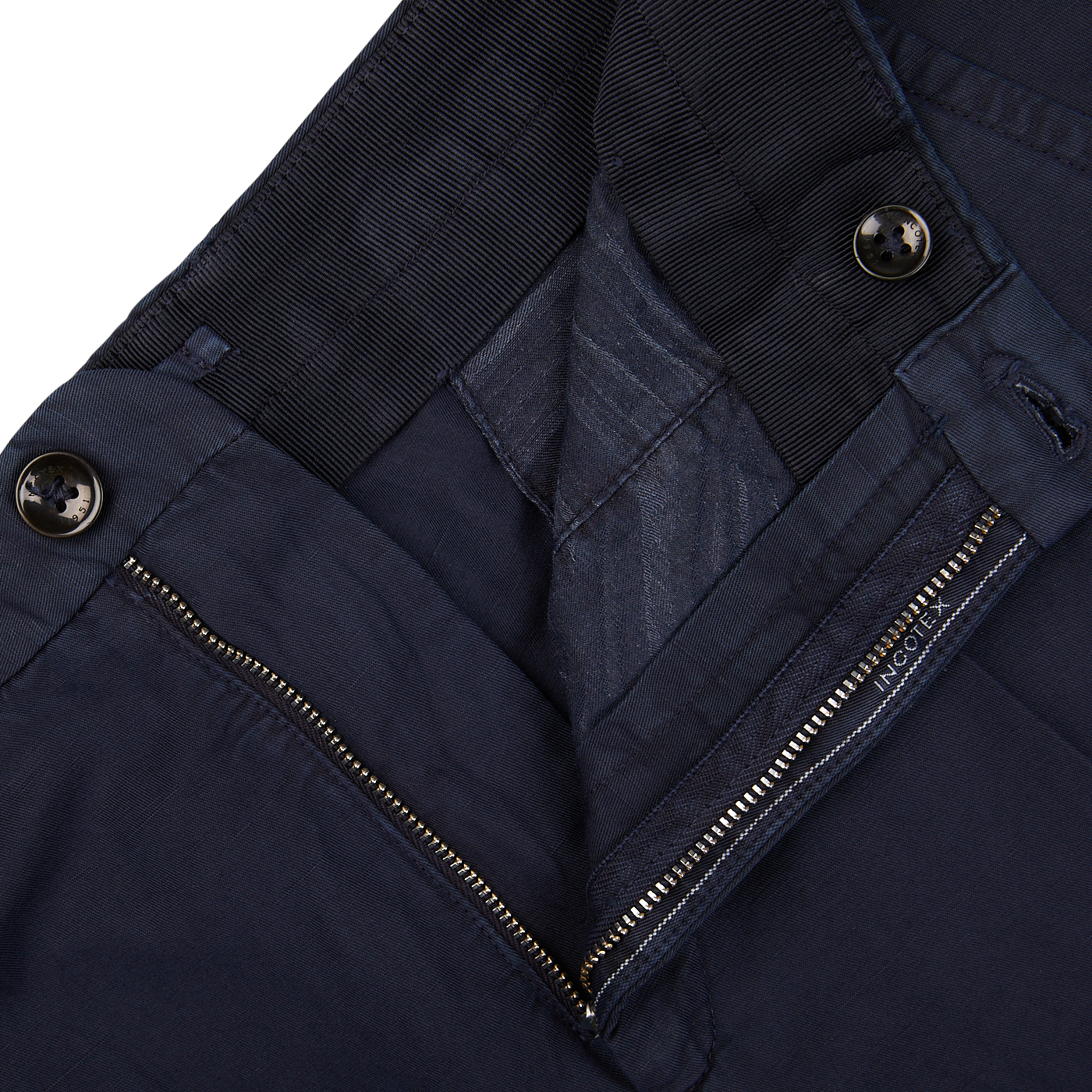 Close-up of a navy blue Incotex Chinolino Straight Fit Trousers with a zipper and button details.