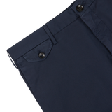 Close-up of Incotex navy blue cotton high comfort shorts with buttoned pocket detail.