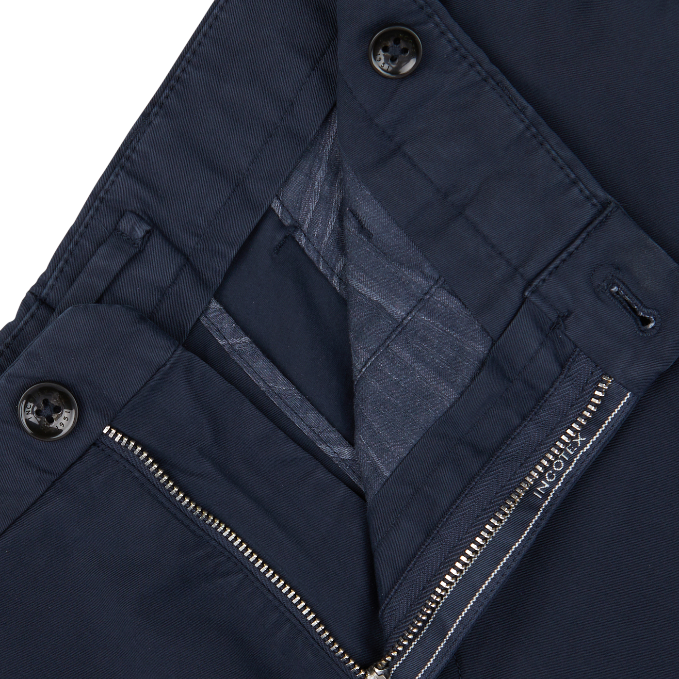 Close-up of Incotex navy blue cotton high comfort shorts with a zipper and button details.