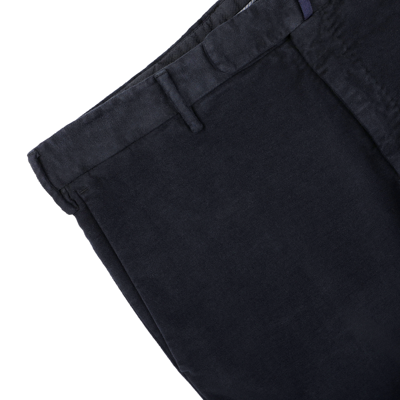 Close-up of Incotex's Navy Blue Cotton Moleskin Model 30 Chinos in a slim fit with belt loops, displayed against a white background.