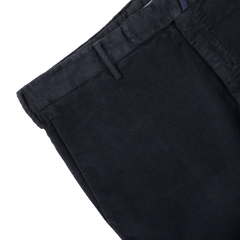 Close-up of Incotex's Navy Blue Cotton Moleskin Model 30 Chinos in a slim fit with belt loops, displayed against a white background.