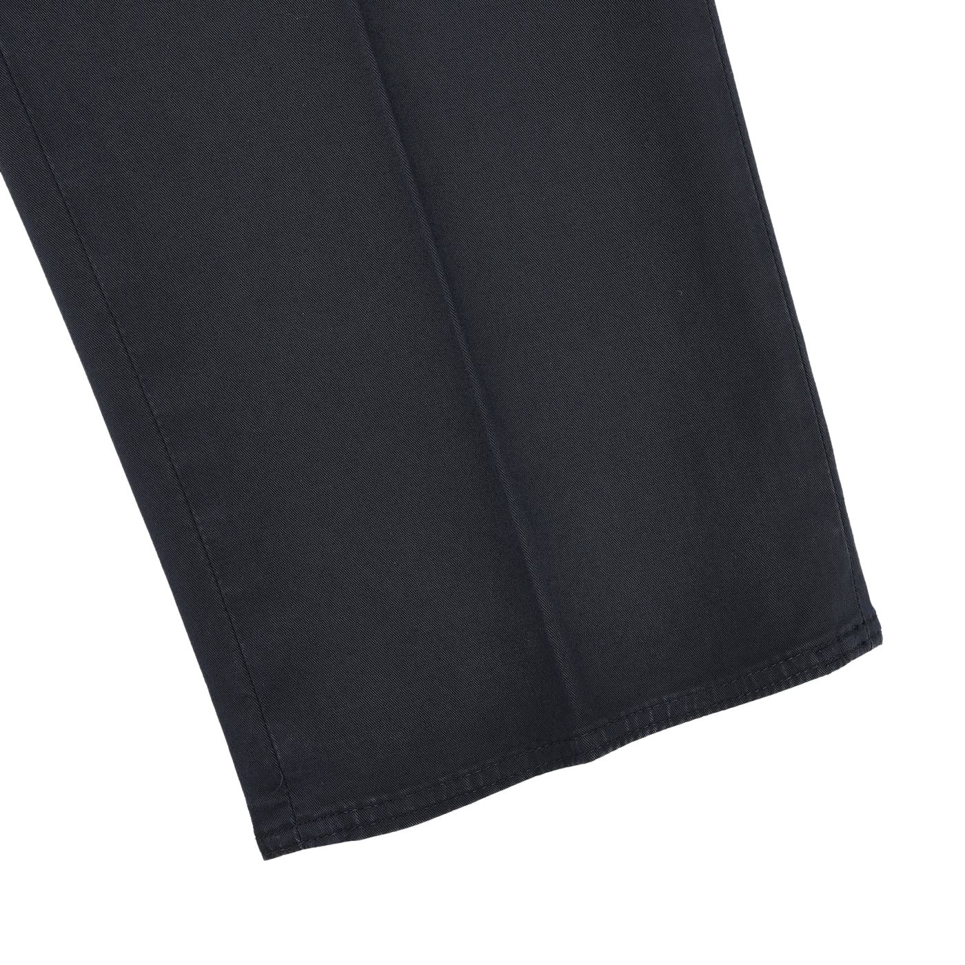 Close-up of the lower section of Incotex Navy Blue Cotton Royal Batavia Regular Chinos against a white background, highlighting the hem and side seam details.