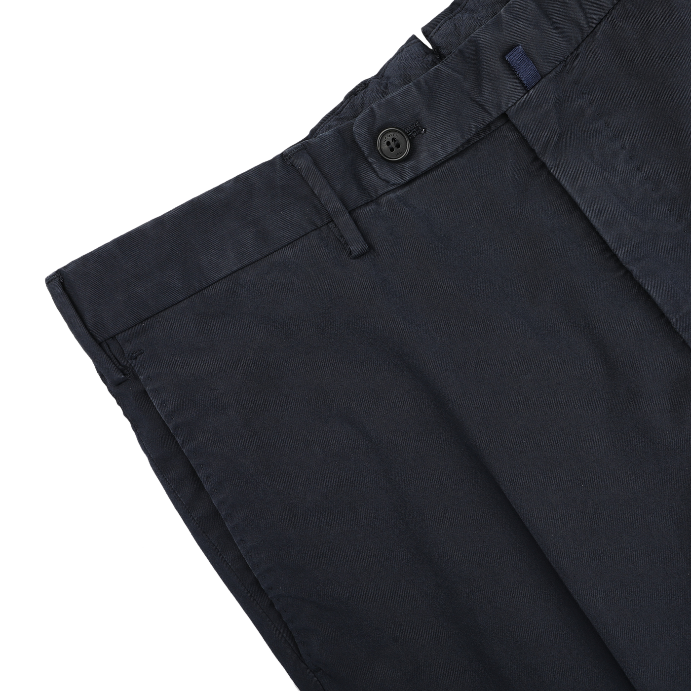 Navy Blue Cotton Royal Batavia Regular Chinos by Incotex, featuring a button closure and belt loops, showcased partially folded on a light background. Crafted from soft cotton twill for comfort and style.