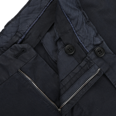 Close-up of Incotex Navy Blue Cotton Royal Batavia Regular Chinos highlighting the zipper, two buttons, and inner lining.