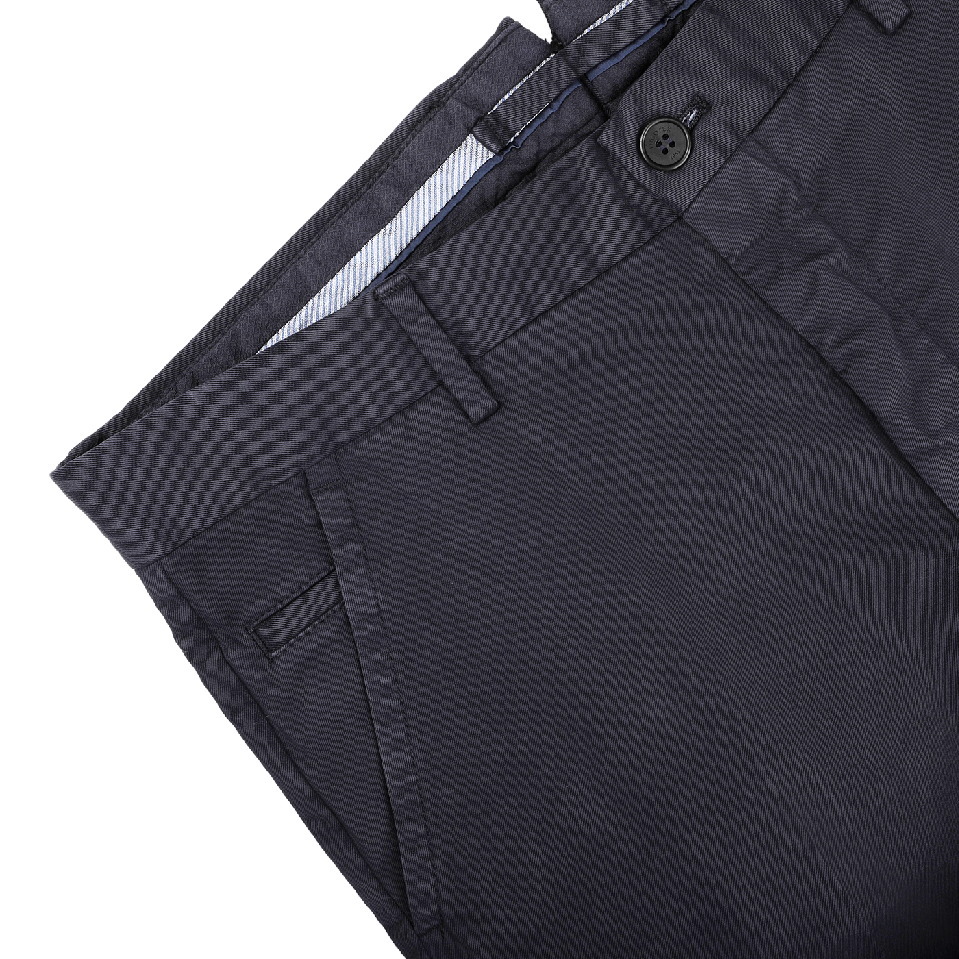 The Incotex Navy Blue Cotton Stretch Model 8 Chinos are presented on a white background. These casual trousers, tailored from cotton twill, are designed with belt loops and slanted side pockets and feature a single button and zip closure, making them ideal for everyday wear.