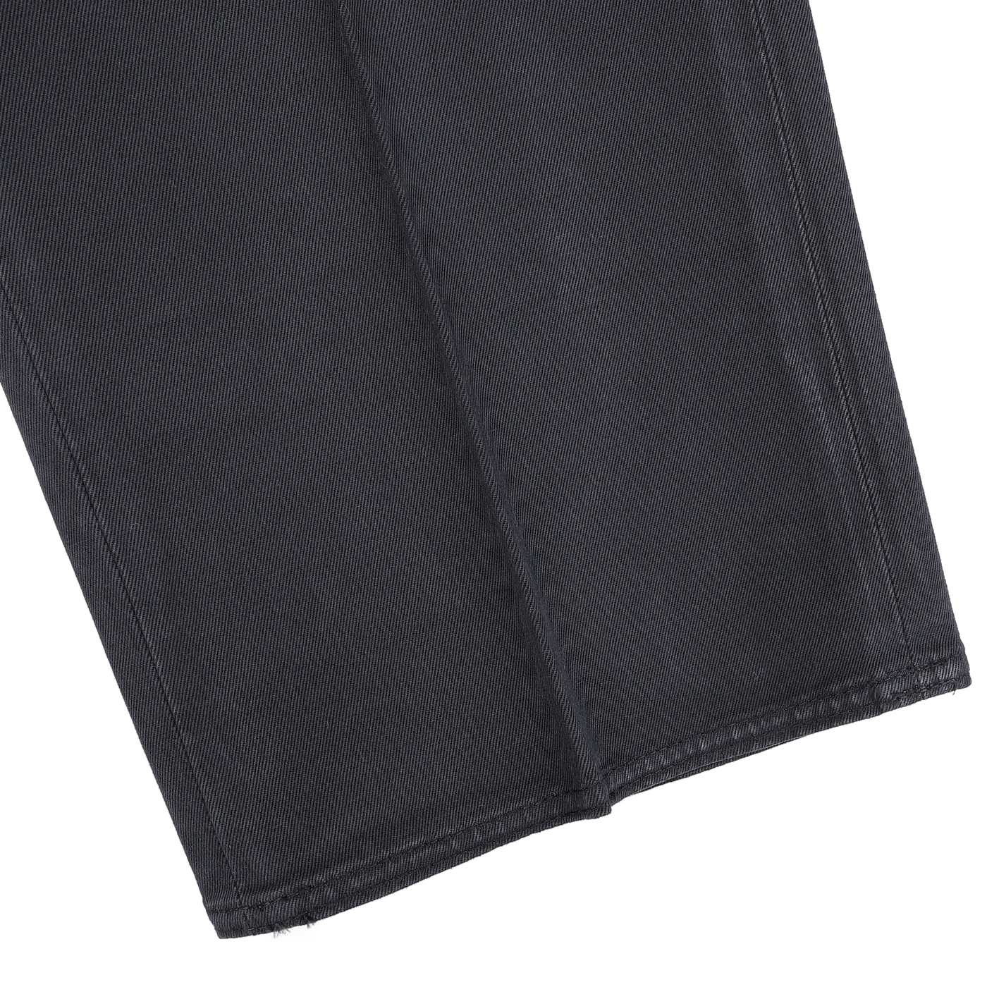 Close-up of the lower portion of a Navy Blue Cotton Stretch Regular Model 39 chino pant leg by Incotex against a light background.