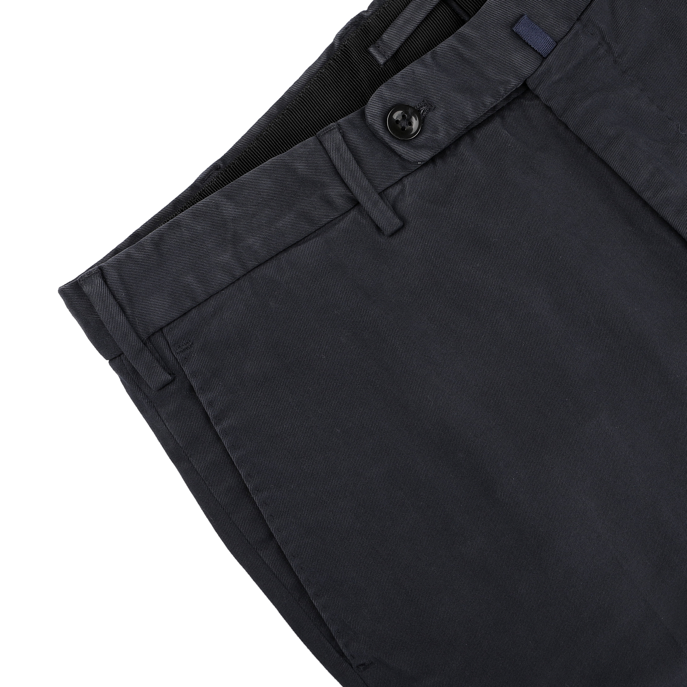 Close-up of navy blue cotton stretch chinos from Incotex's Regular Model 39 line, featuring a visible button and belt loops, displayed against a light background.