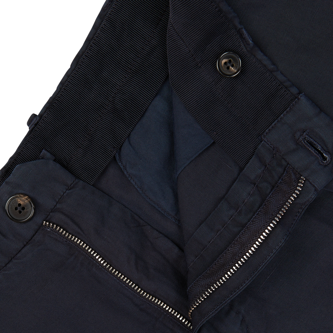 Close-up of a Slowear Navy Blue Washed Chinolino Suit garment with a zipper and buttons.