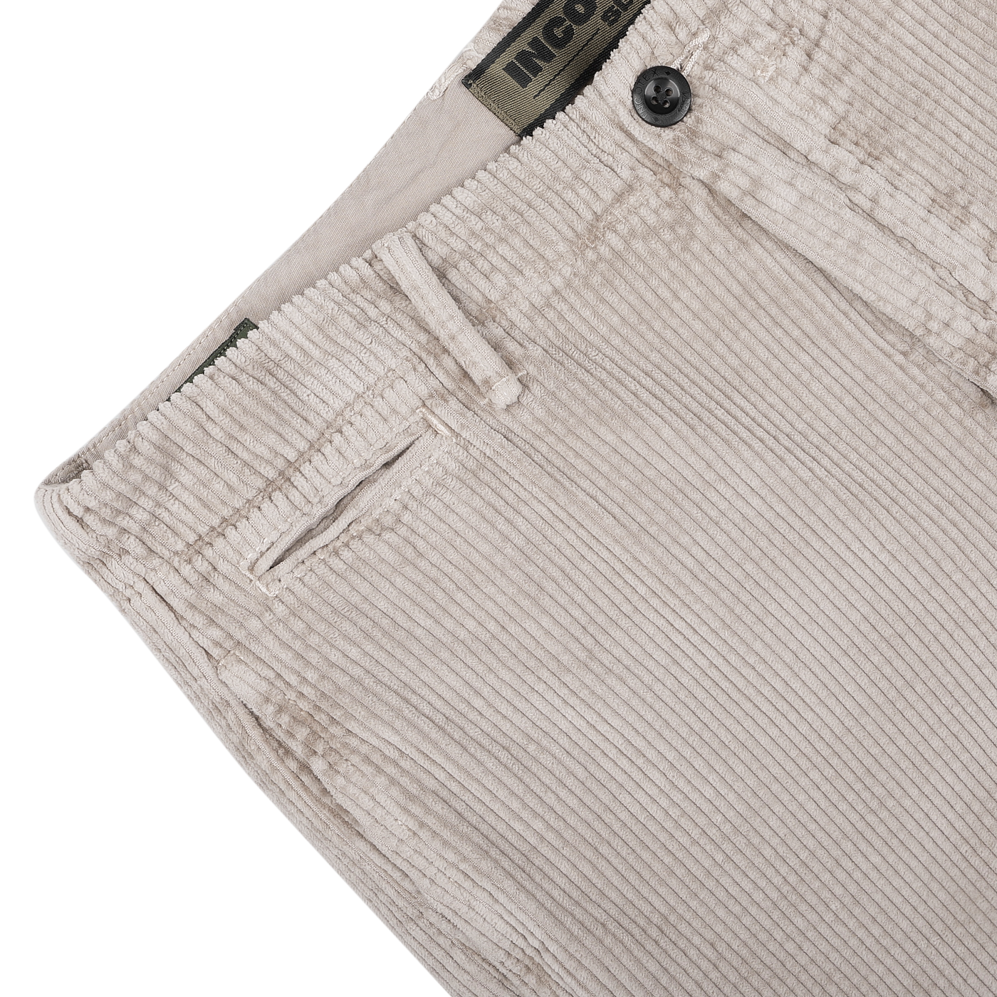 Close-up of Incotex's Taupe Beige Cotton Corduroy Regular Fit Trousers, showcasing a visible button and waistband, along with belt loops and a pocket slit.