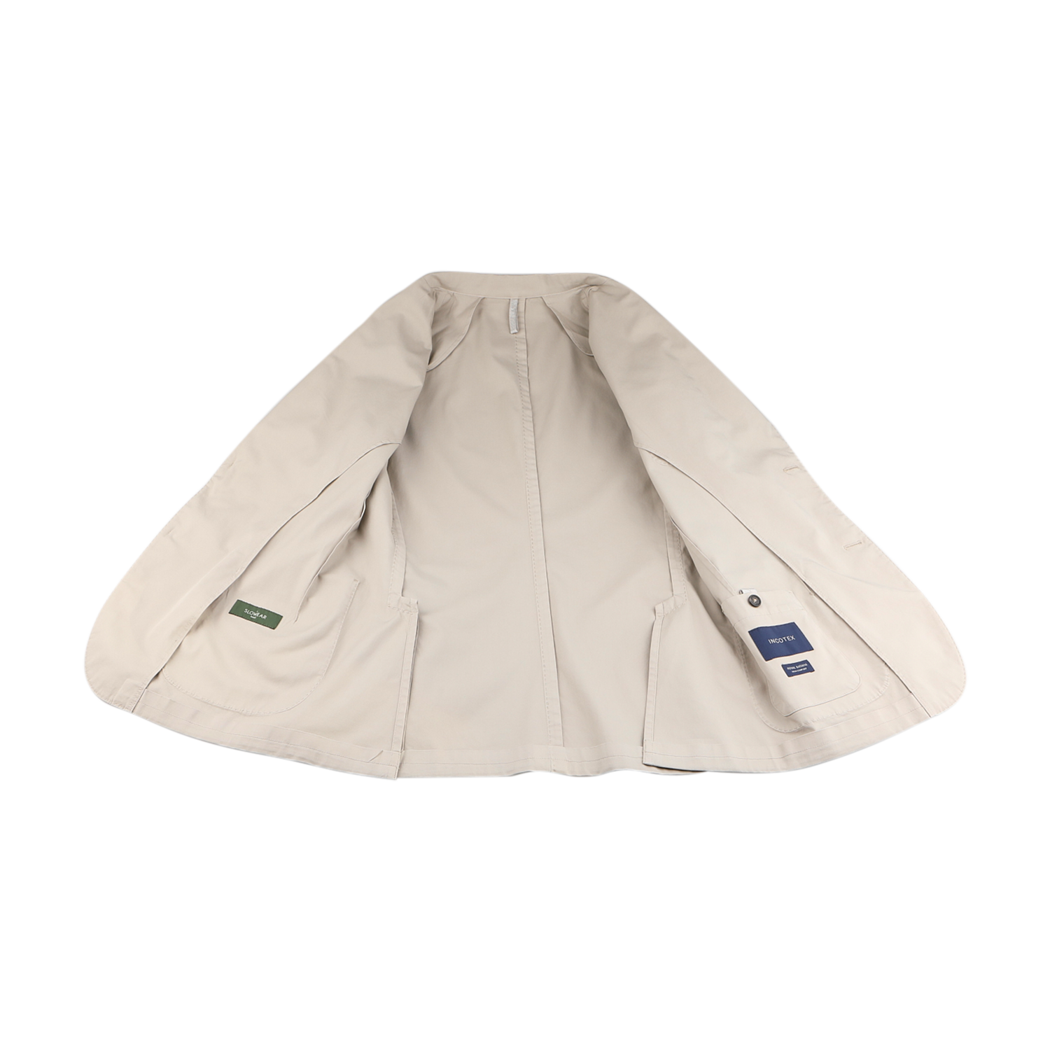 The Incotex Taupe Beige Washed Cotton Batavia Blazer features visible inner labels, a smooth lining, two interior pockets, and an unstructured design for a modern slim fit perfect for versatile styling.