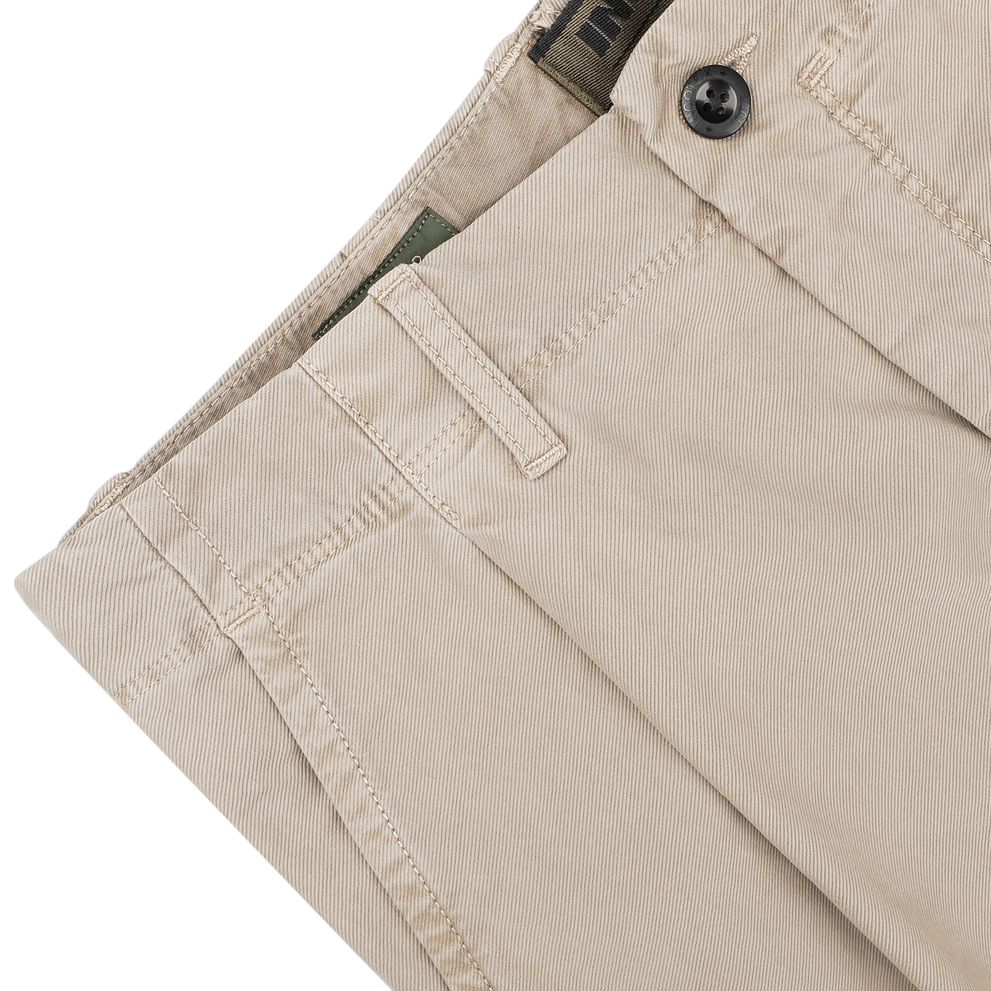 Close-up of the Washed Beige Single Pleat Cotton Slacks by Incotex featuring a buttoned waistband and belt loops.