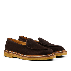 A pair of dark brown suede leather Alexis loafers from Jacques Soloviére Paris, with a modern silhouette, featuring light stitching and crepe soles.